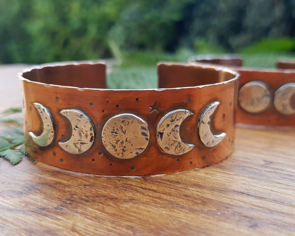 Sterling Silver and Copper Moon Phase Cuff Bangle Bracelet