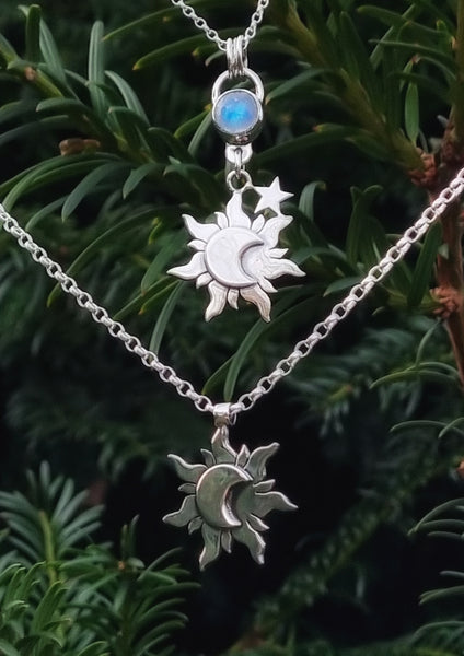 Sterling Silver Morning Star and Night & Day Pendant Necklace