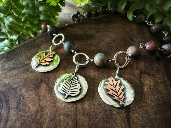 Tree Lore Necklace. Three Tokyns. Red Jasper, petrified wood jasper & Agate