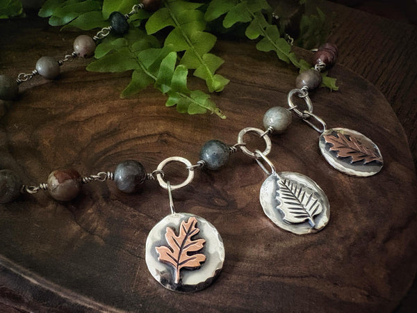 Tree Lore Necklace. Three Tokyns. Red Jasper, petrified wood jasper & Agate