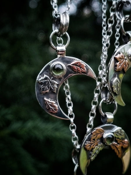 ***Pendant Only***Mother of the Woods - Sterling Silver, Copper & peridot Leaf Moon Pendant**please choose chain, if wanted, by link in the description)