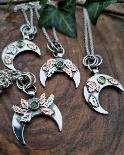 ***Pendant Only***Mother of the Woods - Sterling Silver, Copper & peridot Leaf Moon Pendant**please choose chain, if wanted, by link in the description)