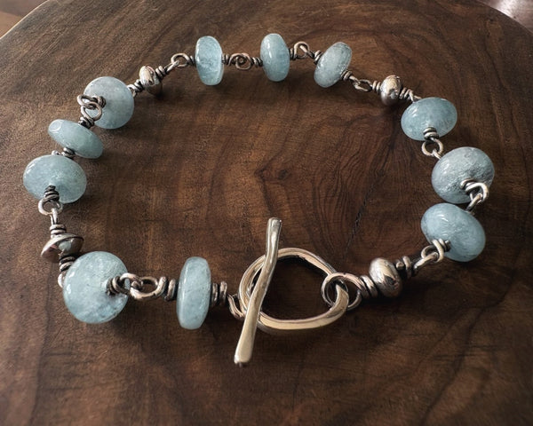 Aquamarine & Silver beaded Bracelet with Toggle Clasp