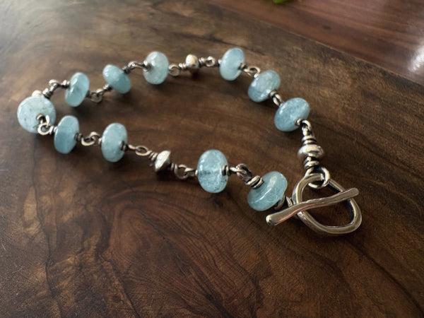 Aquamarine & Silver beaded Bracelet with Toggle Clasp