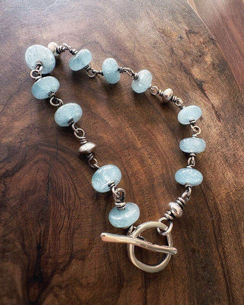Aquamarine & Silver beaded Bracelet with Toggle Clasp