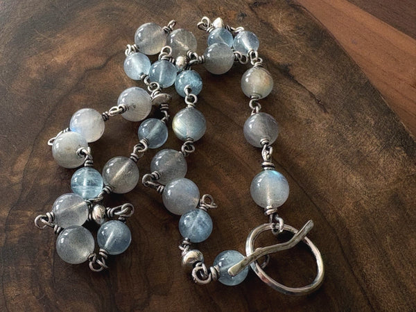 Labradorite, Aquamarine & Silver Beaded Necklace with Silver Toggle Clasp