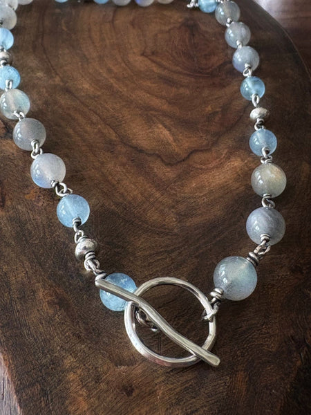 Labradorite, Aquamarine & Silver Beaded Necklace with Silver Toggle Clasp