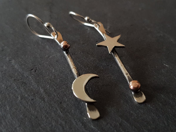 Mismatched Moon and Star Drop Earrings