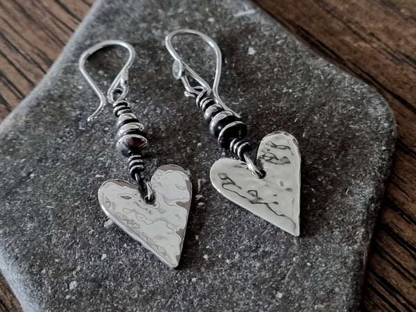 Sterling Silver Hammered Heart Drop/Dangle Earrings